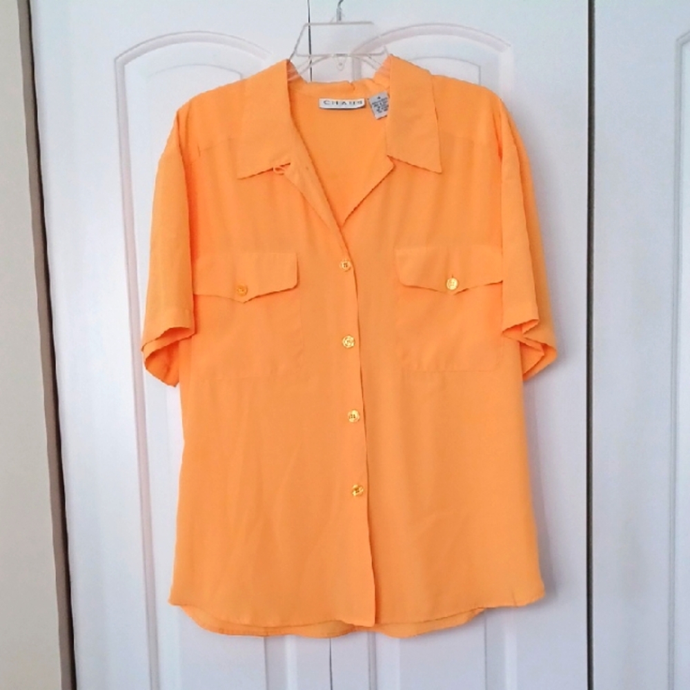 Vintage Chaus Apricot Lightweight Button-Up Short Sleeve Blouse With Pockets W14